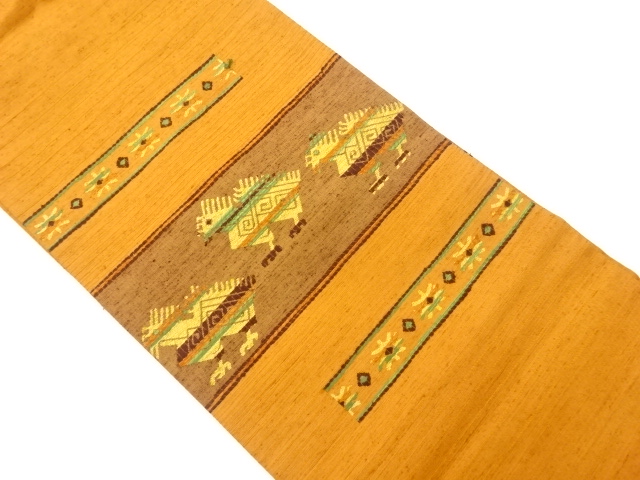 リサイクル　手織り紬横段に抽象鳥模様織出し名古屋帯